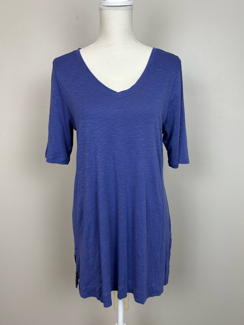 J Jill Top Womens Medium Blue Pima Cotton Elbow Sleeve Tunic Pullover V-Neck Top